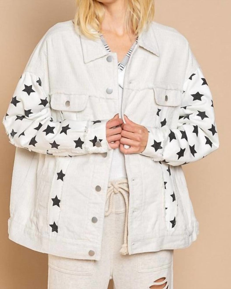 Front of a model wearing a size L Stars Are Out Shacket in White in White by POL. | dia_product_style_image_id:326717